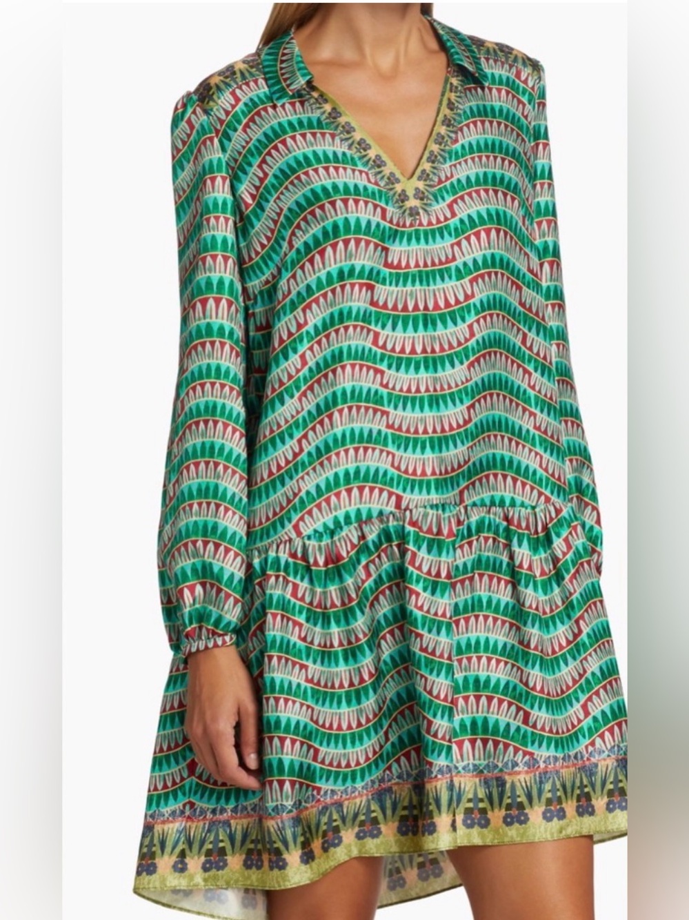 SALONI Green Printed V-Neck Long Sleeve Shift Dress